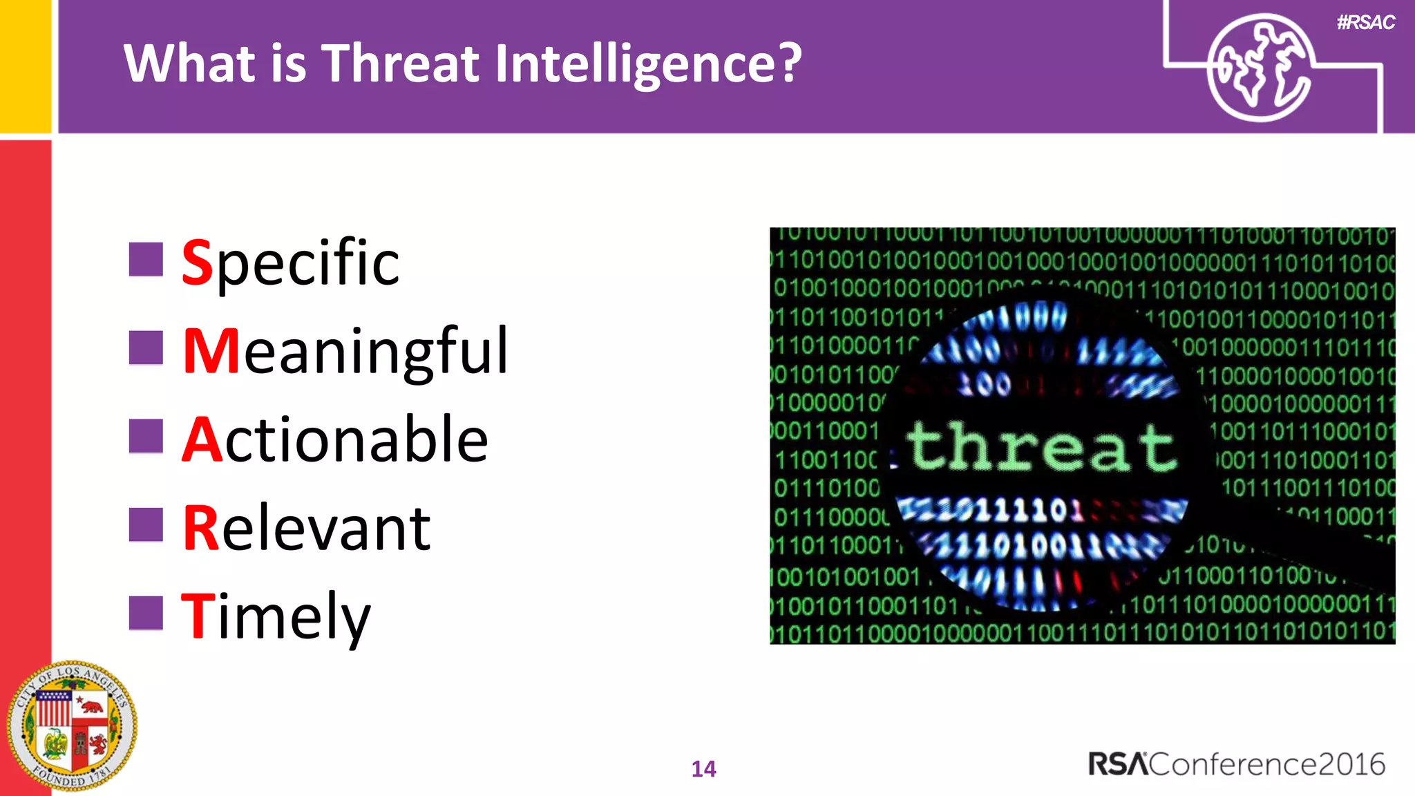 #RSAC
What is Threat Intelligence?
14
Specific
Meaningful
Actionable
Relevant
Timely
 