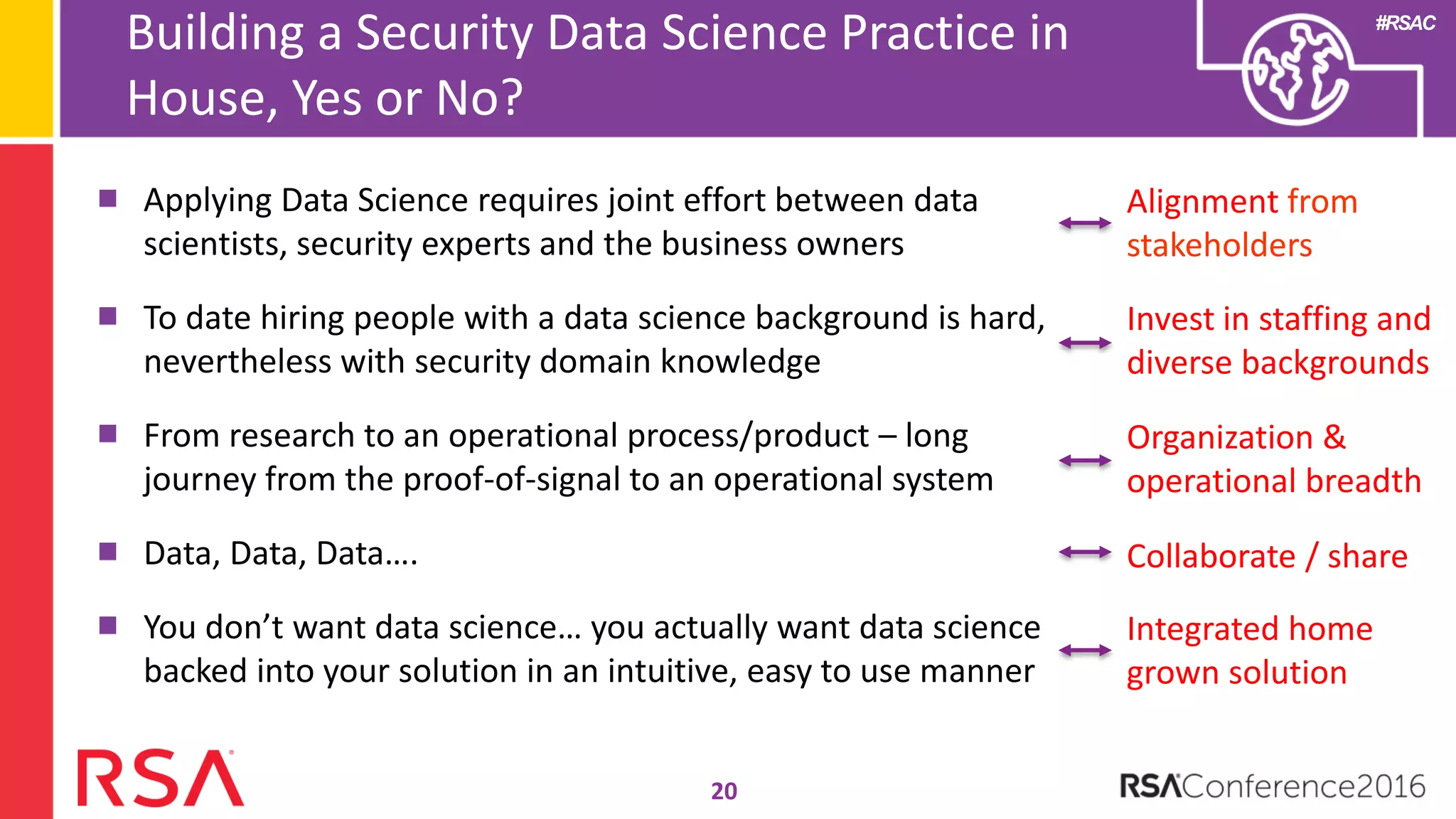 #RSAC
Building a Security Data Science Practice in
House, Yes or No?
20
Applying Data Science requires joint effort between data
scientists, security experts and the business owners
To date hiring people with a data science background is hard,
nevertheless with security domain knowledge
From research to an operational process/product – long
journey from the proof-of-signal to an operational system
Data, Data, Data….
You don’t want data science… you actually want data science
backed into your solution in an intuitive, easy to use manner
Alignment from
stakeholders
Invest in staffing and
diverse backgrounds
Organization &
operational breadth
Collaborate / share
Integrated home
grown solution
 