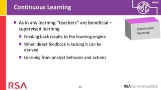 #RSAC
Continuous Learning
13
As in any learning “teachers” are beneficial –
supervised learning
Feeding back results to the learning engine
When direct feedback is lacking it can be
derived
Learning from analyst behavior and actions
 