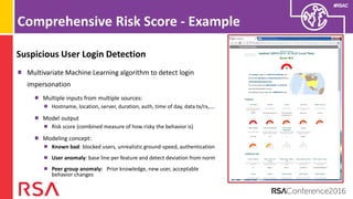 #RSAC
Comprehensive Risk Score - Example
Suspicious User Login Detection
Multivariate Machine Learning algorithm to detect...