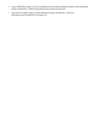 • Lowry R. (1999-2010). Chapter 11. t-Test for the Significance of the Difference between the Means of Two Independent
Samples. Retrieved Nov. 7, 2010 from http://faculty.vassar.edu/lowry/ch11pt1.html
• MacFarland T.W. (1998). Student's t-Test for Independent Samples. Retrieved Nov. 7, 2010 from
http://www.nyx.net/~tmacfarl/STAT_TUT/studen_t.ssi
 