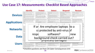 #RSAC
Devices
Applications
Networks
Data
Users
Identify Protect Detect Respond Recover
Use Case 17: Measurements: Checklist Based Approaches
23
Are the vendor's default passwords and default log-in names changed
on software applications before those applications are put into
operation?
•Are passwords for service accounts (e.g., backupserver, sp_content)
extremely complex in their character sets and length?
•Are the boot sequences on the organization's computers set so that
the computers cannot be booted from external media, such as USB
drives or CD's?
•Is each type and level of application privilegeassigned an appropriate
type and level of authentication mechanism? (e.g., do administrator
privileges require a more secure log-in mechanism than ordinary
privileges?)
•Is there a documented procedure for removing and verifying the
removal of application privileges when these are no longer needed?
Has the organization formally assigned sensitivity classifications to its
information files?
Are the sensitivity classifications that the organization employs
designed to provide a good basis for encryption policies?
Are the sensitivity classifications that the organization employs
periodically reviewed to make sure that they are not excessively
restrictive, encumbering corporate activities with necessary
precautions, or insufficiently restrictive, exposing corporate activities to
losses and harm?
Does the organization avoid storing types of data that could create
liabilities,but do not serve any important business or government
function? (e.g., does the organization erase credit card numbers as
soon as the transactions using those numbers have been successfully
processed, if the customers are going to be asked to enter these
numbers again when making future purchases?)
Are all input fields for data restricted to an appropriate minimum and
maximum length? (e.g., a Social Security Number field should only
allow nine numerals.)
Are all input fields for data restricted to the appropriate characters and
expressions? (e.g., a Social Security Number field should not allow
anything but numerals and dashes.)
Are there limitations on the data fields for the database that
correspond to the limitations in the fields on the user interface, so that
improper data are not inserted directly into the database?
Are the service ports for critical applications configured to filter out
data that is outside the proper operating parameters for those
applications?
Are the limitations on what can be written into the input fields made
sufficiently restrictive, wherever possible, so that those fields will not
accept executable instructions?
Is the ability to alter or input data into documents or databases
restricted to those employees who would have a valid need to do so in
the course of their normal work?
Are data fields that would rarely need to be changed made read-only as
soon as the data entry is verified as correct?
Are documents that present the organization's work or positions
converted into formats that cannot be easily modified, before they are
circulated electronically outside the organization?
When documents are converted into formats that cannot be easily
modified, are those documents digitally signed to make them even
harder to falsify?
Are the digital signatures on important documents routinely checked
to verify their source before those documents are accepted and
utilized?
Are critically important e-mails sent using an application that hashes
their contents, so that the e-mails' contents cannot easily be falsified?
Is there an automatic process for monitoring systems for symptoms
that false information may have been inserted?
If there is reason to believe an attacker could benefit greatly from
altering a body of data, is that data associated with a hash that would
reveal if the data has been altered?
Is there a mechanism for monitoring and logging all changes to critical
databases?
Are all uploads of sensitive data files monitored and logged?
Are all uploads of encrypted data files monitored and logged?
Is there an alarm mechanism that warns if data is apparently being
entered by employees in quantities or with distributions that are not
consistent with those employees' normal work patterns?
After a data field has been made read only, is there an appropriate
procedure for correcting that field under special circumstances and for
verifying that correction?
Is the database designed so that sensitive information cannot be over-
written, without successive, time-stamped revisions being securely
archived?
Wherever practical, is any authentic information that might be stolen
intermixed with bogus information that would cause harm or lead to
the possible prosecution of anyone who tries to use it?
Are receipts for important e-mails collected and stored to provide a
record verifying that they reached the intended recipients?
If log files need to be preserved for an extended period of time for legal
reasons, are these files stored in a tamper-proof form at more than one
physical location?
Are all corporate information systems protected with basic
authentication mechanisms, such as log-in name and password?
Are log-in attempts limited to a certain number per minute (rather than
a certain number altogether)?
Is the rate at which log-in's can be attempted automatically slowed
further after multiple failed attempts?
If the log-in process is regularly under attack, is there a queuing system
that would allow someone trying to properly access the system to get a
turn at logging into it?
If an account is accessed only after a considerable number of failed log-
in attempts, is that account then monitored for improper use?
Is there a simple automated procedure for cancelling any access
provided by an employee's password, authentication token, or
biometric information when that employee leaves the firm?
Is there a program checking passwords when they are created to make
sure that they meet the prescribed minimum length and complexity
requirements?
Are password choices automatically rejected if they are on the list of
most commonly used passwords or consist mostly of a commonly used
password?
Are the characters typed into password fields masked, so that they
can't be read by bystanders?
Are there automatic alarms triggered by multiple failed log-in attempts,
even if distributed across time, across user ID's, or different systems?
Are multiple failed attempts to access applications reviewed in a timely
manner, even if those failed access attempts are by authorized
employees?
Is an effort made to identify and investigate successful access
authentications that are carried out at unusual hours of the day or
night?
Is there an alarm mechanism that would warn of the theft of a file in
which passwords are stored?
If an employee needs to recover a password from a remote location, is
a link to recover or reset the password sent in an e-mail to that
employee's regular e-mail account after the employee has successfully
answered the challenge questions?
Is there a simple automated procedure for rapidly revoking the
privileges for tokens and smart cards, if they become compromised?
Is there an efficient procedure for replacing tokens and smart cards?
Is there a simple automated procedure for revoking the privileges for
any biometric identifier that is compromised?
Does the organization maintain a comprehensive list of all the system
names and their associated network addresses on the organization's
network?
Do detailed network topology diagrams exist of the corporate network,
so that all the connection routes can be traced?
Do the detailed network topology diagrams list the service paths and
network protocols being used?
Has the information on the network topology diagram been verified to
be accurate, so that all the components and connections on the
network are indeed included?
Are all documents diagramming network topologies rigorously
protected from unauthorized access?
Does the organization maintain comprehensive access control lists for
its routers, including the internet protocol addresses and port numbers
being utilized?
If the organization is maintaining a separate network for security
reasons, are all unnecessary services and broadcasts disabled on the
gateway between networks, including responses to ping requests and
traceroute requests, so that the existence of the gateway is difficult to
detect?
If a network is used for highly critical functions, does the organization
periodically change the port numbers used by those critical services, so
that any previous unauthorized explorations by potential attackers of
those port numbers and their uses will be made obsolete?
If a network is used for highly critical functions, does the organization
periodically change the names of servers and other devices, so that any
previous unauthorized explorations by potential attackers of those
names and what they designate will be made obsolete?
Are the baseline standards for equipment connected to the
organization's network periodically reviewed and updated?
Are the vendor's default security settings, including default passwords
and user names, changed on systems before those systems are
connected to the network?
Are vulnerability scans or penetration tests performed on critical
systems both before they are connected to the corporate network and
regularly thereafter?
Are employees explicitly forbidden to plug unauthorized electronic
devices, such as flash drives, iPods, Kindles, smart phones, and digital
cameras, into equipment inside the corporate network?
Are switches in criticallyimportant facilities configured so that they will
not connect to any pieces of electronic equipment that are not on the
list of authorized manufacturer identification (MAC) numbers?
Are wireless access points in critically important facilities configured so
that they will not connect to any pieces of electronic equipment that
are not on the list of authorized manufacturer identification (MAC)
numbers?
Do the wireless connections employ strong encryption technologies?
Are there strict requirements and procedures for deploying any
modems within the corporate infrastructure?
Is there a documented approval process for giving people remote
access to modems?
If it is necessary to use insecure protocols for receiving or sending data,
such as the File Transfer Protocol (FTP), are these insecure protocols
supplemented with security protocols at the session protocol layer
(e.g., yielding FTPS) or else transmitted over a virtual private network?
Does the organization have agreements with vendors in which they
guarantee a specified level of network reliabilityand service?
Do corporate policies limit the use of unencrypted protocols, such as
FTP, Telnet, or earlier versions of SNMP, for system management,
unless the system explicitly requires these protocols?
If the systems require unencrypted protocols, such as FTP, Telnet, or
earlier versions of SNMP, for their management, are the corresponding
connections set to shut down after a limited period of time?
Does the corporation use access control lists to restrict SNMP requests
from unauthorized systems to networking equipment, such as routers
and switches?
Are there policies for limiting the use of any remote management tools
that would allow systems to be controlled from outside the corporate
network?
Have the networking components been configured to give more critical
categories of traffic, such as process control instructions, priority over
less critical categories of traffic, such as e-mails?
Are there procedures for rate-limiting traffic so that the network is not
incapacitated by excessive loads on the services affected?
Have tests been conducted to make sure that critical systems cannot
be taken offline too easily by large amounts of data or traffic, such as
might be employed in a denial service attack?
Is the network automatically and frequently scanned for connections to
pieces of electronic equipment with manufacturer identification (MAC)
numbers that are not on the list of authorized devices?
Does the organization monitor for symptoms of manufacturer
identification (MAC) numbers being spoofed, such as a mismatched
operating system, mismatched device type, incorrect device location,
and uncharacteristic behavior of the device?
Is a wireless analyzer periodically run to identify any unauthorized
wireless devices that may have been connected to the network?
Are internal war-dialing campaigns periodically carried out to identify
unauthorized modems that can be reached by dialing in?
Are corporate phone exchanges periodically checked to detect outside
attempts at finding unauthorized modems by war-dialing campaigns?
Are the logs of server configurations regularly reviewed to make sure
that any changes in the configurations did not undermine security?
If the servers are performing critical operations or store very sensitive
information, are the logs recording changes in their configurations
reviewed daily?
Are all modifications of router and switch configurations logged?
Are the people in the organization who are responsible for cloud
computing policies made aware that the use of an external cloud
provider will require additional security measures?
Are the people in the organization who are responsible for cloud
computing policies made aware that any unencrypted information
stored with a cloud provider could potentially be obtained by a
subpoena before the organization could take legal steps to prevent
this?
Are the people in the organization who are responsible for cloud
computing policies made aware that the extra encryption needed to
secure information in the cloud could result in longer response times
for information systems?
Do all administrator accounts used for cloud computing resources
require two-factor authentication?
Does the organization maintain separation between virtual machines
performing more critical operations and those performing less critical
operations?
Is the management of external cloud computing resources performed
using encrypted channels?
Is any remote use of the cloud management interface performed over
secure communication channels, such as a virtual private network?
Is the cloud management interface configured to restrict administrator
access from unknown internet protocol addresses?
Is the cloud management interface designed with the minimum
number of functions needed to manage the virtual machines, so that
there are fewer opportunities to mount an attack utilizing those
functions?
Is all sensitive information that the organization stores in the cloud
encrypted?
Is all sensitive information transmitted between the client and the
cloud encrypted?
Does the cloud provider maintain redundant secure communication
channels for accessing the cloud management interfaces?
If the organization performs critical operations using external cloud
computing resources, are these operations logicallyisolated from other
virtual machines by the use of a separate hardware-level hypervisor?
Is the organization choosing virtual machines for its critical operations
that are designed to fail to a state which protects the system from
security compromises and data breaches?
If the organization allows its employees to use third-party collaborative
platforms, such as Google Docs or Dropbox, for standard business
operations, do they require employees to use only those platforms that
encrypt all files at rest?
Does the organization require its employees to refrain from putting any
information on third-party collaborative platforms if it is considered
very sensitive?
If the organization allows its employees to use third-party collaborative
platforms, such as Google Docs or Dropbox for standard business
operations, has two-step log- in verification been implemented for
those accounts?
Are employees prevented from using personally owned smart phones
to access third-party collaborative platforms used for work?
Are backups of sensitive information that are made by the cloud
provider periodically duplicated and stored at a third site, physically
separate both from the cloud provider's facilities and from the
organization's main facilities?
Are copies of cryptographic keys used to encrypt sensitive information
at the external provider of cloud computing services stored at a third
site, physically separate both from the cloud provider's facilities and
from the organization's main facilities?
Does the organization have a set of procedures ready for moving all of
its cloud operations and data out of the cloud?
Does the organization have a set of procedures ready for moving all of
its cloud operations and data to another cloud provider?
Are employee laptops protected by anti-virus software?
Are all smart phones issued by the organization protected by anti-virus
software if those devices are vulnerable to viruses?
Are the anti-virus signatures and definitions on employee laptops and
smart phones updated as soon as new signatures are available?
Are employee laptops protected by internet-protection software that
blocks access to dangerous websites or known hostile IP address
ranges?
Are infrared, bluetooth, and wireless links on laptops and mobile
devices disabled when not required for business functions?
Are remote log-in's from employee laptops required to use IP
addresses that were used in the past or are consistent with the
employee's expected geographical location?
Are telecommuters required to use virtual private network connections
to obtain access to the corporate network?
If the organization uses virtual private networks, is two-factor
authentication required?
If the organization uses a virtual private network to access highly-
critical systems, are more stringent authentication mechanisms, such
as tokens and biometrics, required?
If the organization uses virtual private networks, are the connecting
computers first connected to a computer in an isolated network that
runs a security check on the remote computer before it is granted
access to the internal network?
Are employee laptops protected by anti-virus software? Are replacements on hand for the most functionally important servers,
desktop computers, laptop computers, and other equipment, in case
these are stolen or physically damaged
Have you disabled or modified the banners or strings that announce
the name and version of the software products being used on public-
facing web servers?
If an employee is promoted to a considerably higher level of
responsibility and access, is a new background check carried out?
Are security logs for firewalls regularly reviewed to establish baselines
for normal traffic patterns?
Are security logs for
firewalls regularly
reviewed to establish
baselines for normal
traffic patterns?
Have you disabled or modified the
banners or strings that announce
the name and version of the
software products being used on
public-facing web servers?
Are replacements on hand for the most
functionally important servers, desktop
computers, laptop computers, and other
equipment, in case these are stolen or
physically damaged
If an employee is promoted to a
considerably higher level of
responsibility and access, is a new
background check carried out?
Are employee laptops
protected by anti-virus
software?
@sounilyu
*Checklist questions are from US Cyber Consequences Unit
 