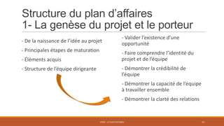 Structure du plan d’affaires
1- La genèse du projet et le porteur
- De la naissance de l’idée au projet

- Principales étapes de maturation
- Éléments acquis
- Structure de l’équipe dirigeante

- Valider l’existence d’une
opportunité
- Faire comprendre l’identité du
projet et de l’équipe
- Démontrer la crédibilité de
l’équipe

- Démontrer la capacité de l’équipe
à travailler ensemble
- Démontrer la clarté des relations

STR02 - LE PLAN D'AFFAIRES

19

 