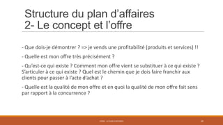 Structure du plan d’affaires
2- Le concept et l’offre
- Que dois-je démontrer ? => je vends une profitabilité (produits et services) !!

- Quelle est mon offre très précisément ?
- Qu’est-ce qui existe ? Comment mon offre vient se substituer à ce qui existe ?
S’articuler à ce qui existe ? Quel est le chemin que je dois faire franchir aux
clients pour passer à l’acte d’achat ?

- Quelle est la qualité de mon offre et en quoi la qualité de mon offre fait sens
par rapport à la concurrence ?

STR02 - LE PLAN D'AFFAIRES

20

 