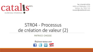 STR04 - Processus
de création de valeur (2)
PATRICE CHESSE
Suivez-nous sur
Tel: 514-521-5733
4080,rue Wellington -310
Verdun, Qc, H4G 1V4
reussir@catalismtl.com
 