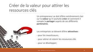 Créer de la valeur pour attirer les
ressources clés
Un entrepreneur se doit d’être extrêmement clair
sur la valeur qu’il souhaite créer et comment il
compte la partager auprès de ses différents
partenaires.
Les entreprises se doivent d’être attractives :
- pour les investisseurs;
- pour attirer et retenir les ressources clés
- pour se développer;
STR04 - PROCESSUS DE CRÉATION DE VALEUR (2) 10
 