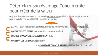 Déterminer son Avantage Concurrentiel
pour créer de la valeur
Aujourd’hui, on raisonne en terme de ressources (produits, financier, prototype,
partenariats, compatibilité RH, juridique, capital,
STR04 - PROCESSUS DE CRÉATION DE VALEUR (2) 16
CAPACITES (= ressources ssi rares, durables, non imitables, non substituables)
COMPETENCES CŒUR (au sens de centrales, vitales)
SOURCE D’AVANTAGES CONCURRENTIELS
FACTEUR CLE DE SUCCES (externe)
=> AVANTAGE CONCURRENTIEL (perception du marché)
 