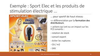 Exemple : Sport Elec et les produits de
stimulation électrique …
… pour sportif de haut niveau
=> différenciation par la formation des
distributeurs
= actions qui ont eu un impact sur les
FCS suivants :
- rotation de stock
- conseil expert
- éviter les ruptures
- CA / m2
- SAV
STR04 - PROCESSUS DE CRÉATION DE VALEUR (2) 18
 