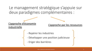 STR04 - PROCESSUS DE CRÉATION DE VALEUR (2) 6
Le management stratégique s’appuie sur
deux paradigmes complémentaires :
L’approche d’économie
industrielle
L’approche par les ressources
- Repérer les industries
- Développer une position judicieuse
- Eriger des barrières
 