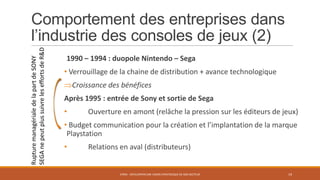 Rupture managériale de la part de SONY
SEGA ne peut plus suivre les efforts de R&D

Comportement des entreprises dans
l’industrie des consoles de jeux (2)
1990 – 1994 : duopole Nintendo – Sega

• Verrouillage de la chaine de distribution + avance technologique
Croissance des bénéfices
Après 1995 : entrée de Sony et sortie de Sega

•

Ouverture en amont (relâche la pression sur les éditeurs de jeux)

• Budget communication pour la création et l’implantation de la marque
Playstation

•

Relations en aval (distributeurs)

STR05 - DÉVELOPPER UNE VISION STRATÉGIQUE DE SON SECTEUR

19

 