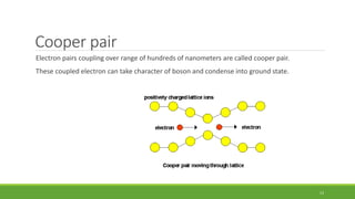 Cooper pair 
Electron pairs coupling over range of hundreds of nanometers are called cooper pair. 
These coupled electron can take character of boson and condense into ground state. 
13 
 