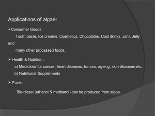 Applications of algae:
Consumer Goods :
      Tooth paste, Ice creams, Cosmetics, Chocolates, Cool drinks, Jam, Jelly
and
      many other processed foods.

 Health & Nutrition :
      a) Medicines for cancer, heart diseases, tumors, ageing, skin diseases etc.
      b) Nutritional Supplements

 Fuels:

       Bio-diesel (ethanol & methanol) can be produced from algae.
 