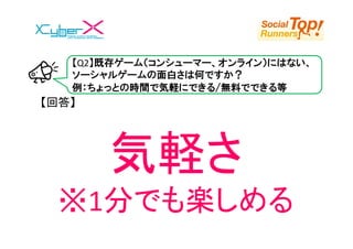 【Q2】既存ゲーム（コンシューマー、オンライン）にはない、
   ソーシャルゲームの面白さは何ですか？
   例：ちょっとの時間で気軽にできる/無料でできる等
【回答】




       気軽さ
 ※1分でも楽しめる
 
