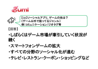 【Q6】ソーシャルアプリ、ゲームの先は？
       （ゲーム以外で狙ってるジャンル）
       例：コミュニケーション/ジオタグ等
【回答】
・しばらくはゲーム市場が牽引していく状況が
 しばらくはゲーム市場が牽引していく状況が
続く
・スマートフォンゲームの
・スマートフォンゲームの拡大
・すべての分野のソーシャル化が進む
・すべての分野のソーシャル化が進む
・テレビ・レストラン・クーポン・ショッピングなど
・テレビ・レストラン・クーポン・ショッピングなど
 