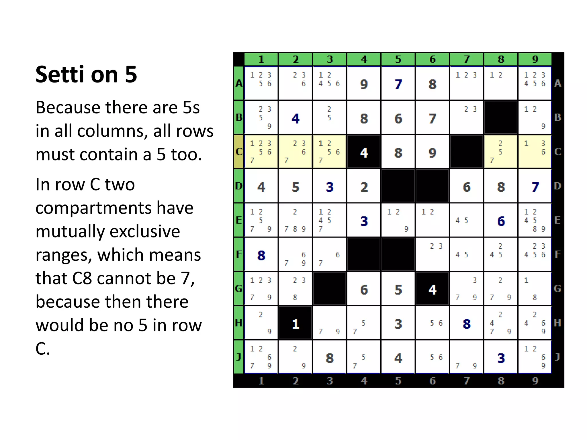 Settion 5Because there are 5s in all columns, all rows must contain a 5 too.In row C two compartments have mutually exclusive ranges, which means that C8 cannot be 7, because then there would be no 5 in row C.