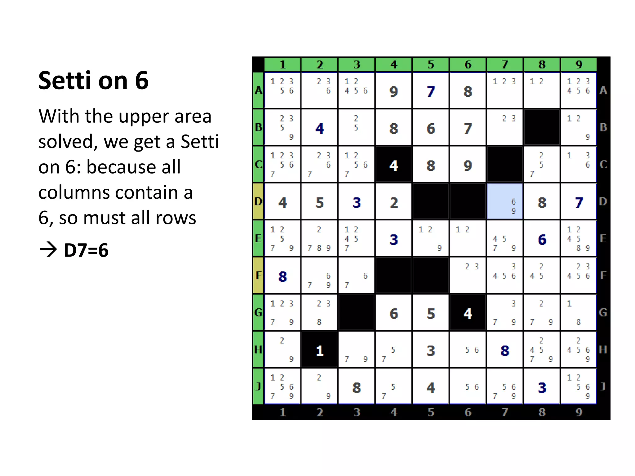 Setti on 6With the upper area solved, we get a Setti on 6: because all columns contain a 6, so must all rows D7=6