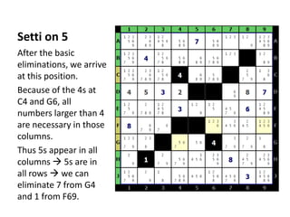 Setti on 5<br />After the basic eliminations, we arrive at this position.<br />Because of the 4s at C4 and G6, all numbers...