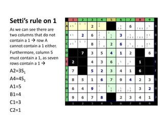 Setti’s rule on 1As we can see there are two columns that do not contain a 1  row A cannot contain a 1 either.Furthermore, column 5 must contain a 1, as seven rows contain a 1 A2=3S1A4=4S1A1=5B1=4C1=3C2=1