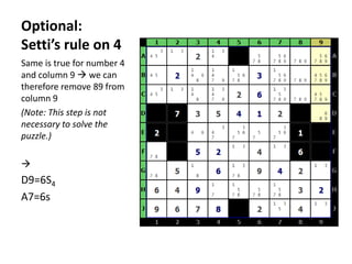Optional:Setti’s rule on 4Same is true for number 4 and column 9  we can therefore remove 89 from column 9(Note: This step is not necessary to solve the puzzle.)D9=6S4A7=6s