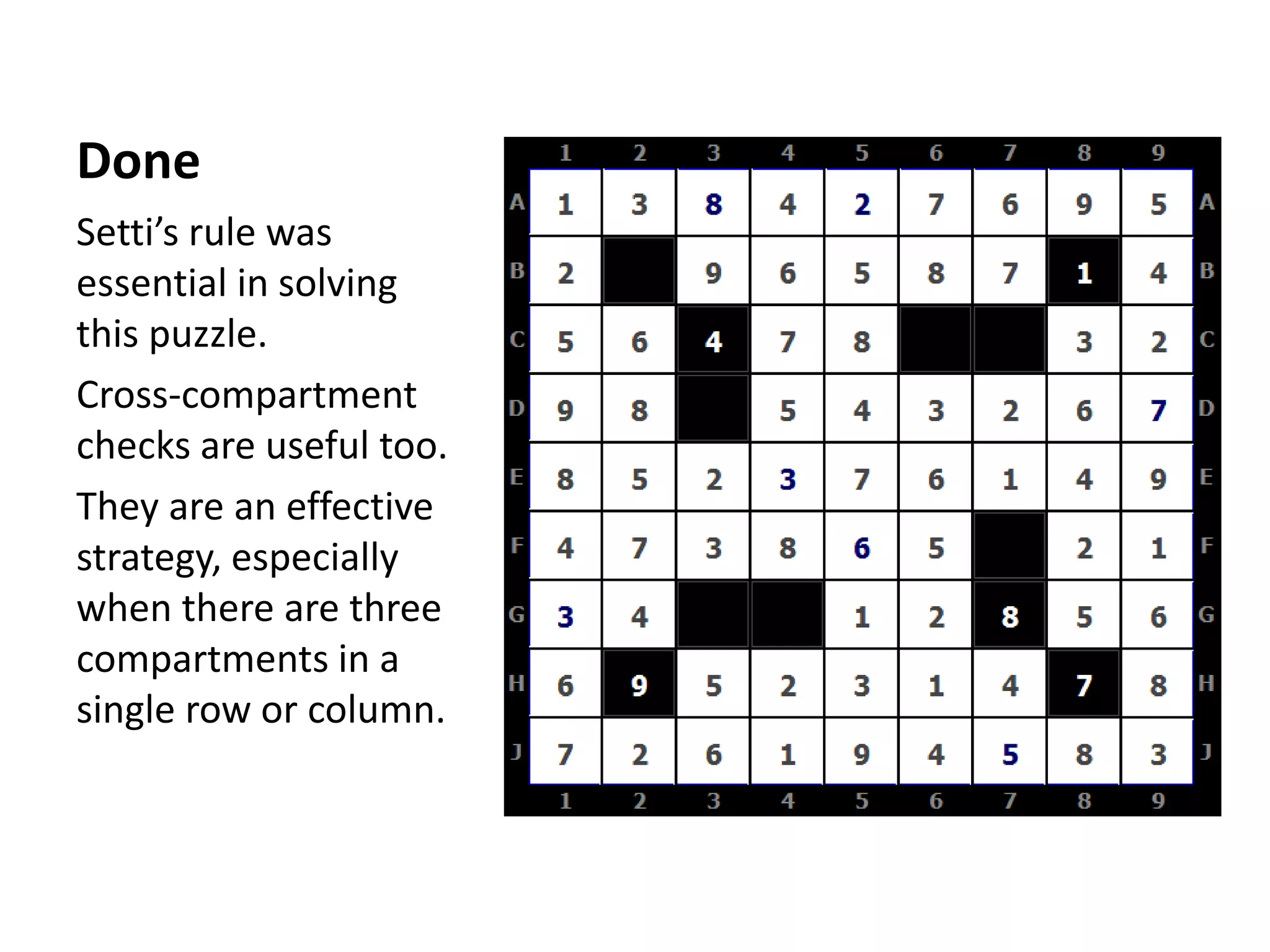 Done
Setti’s rule was
essential in solving
this puzzle.
Cross-compartment
checks are useful too.
They are an effective
strategy, especially
when there are three
compartments in a
single row or column.
 