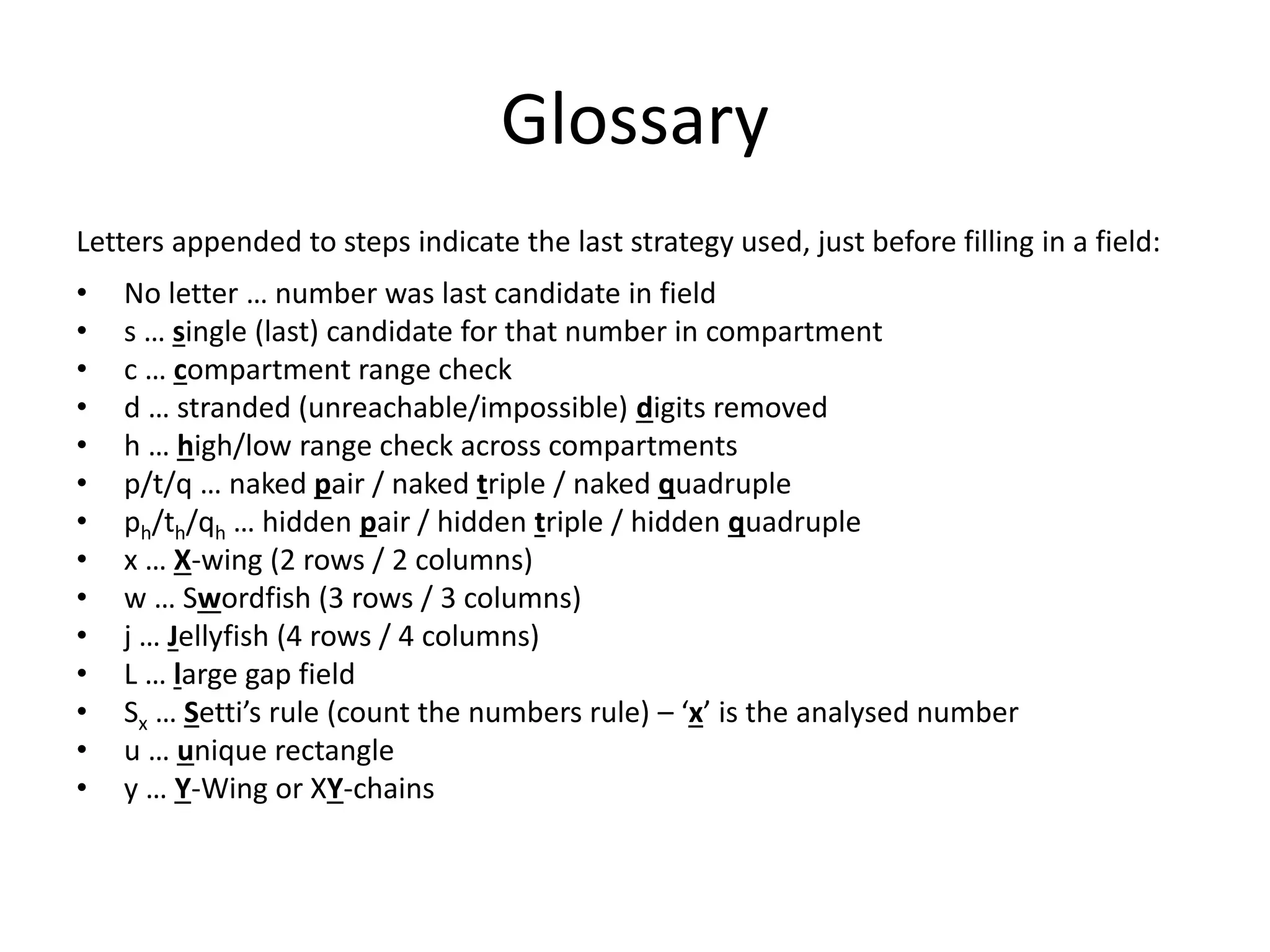 Glossary
Letters appended to steps indicate the last strategy used, just before filling in a field:
• No letter … number was last candidate in field
• s … single (last) candidate for that number in compartment
• c … compartment range check
• d … stranded (unreachable/impossible) digits removed
• h … high/low range check across compartments
• p/t/q … naked pair / naked triple / naked quadruple
• ph/th/qh … hidden pair / hidden triple / hidden quadruple
• x … X-wing (2 rows / 2 columns)
• w … Swordfish (3 rows / 3 columns)
• j … Jellyfish (4 rows / 4 columns)
• L … large gap field
• Sx … Setti’s rule (count the numbers rule) – ‘x’ is the analysed number
• u … unique rectangle
• y … Y-Wing or XY-chains
 
