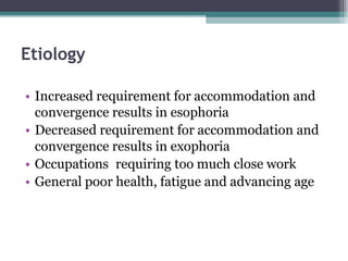 Etiology
• Increased requirement for accommodation and
convergence results in esophoria
• Decreased requirement for accommodation and
convergence results in exophoria
• Occupations requiring too much close work
• General poor health, fatigue and advancing age
 