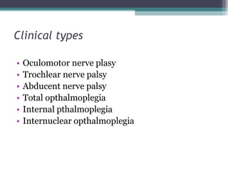 Clinical types
• Oculomotor nerve plasy
• Trochlear nerve palsy
• Abducent nerve palsy
• Total opthalmoplegia
• Internal pthalmoplegia
• Internuclear opthalmoplegia
 