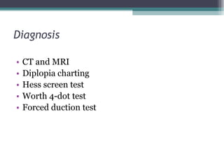 Diagnosis
• CT and MRI
• Diplopia charting
• Hess screen test
• Worth 4-dot test
• Forced duction test
 