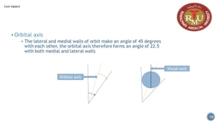 ▪ Orbital axis
▪ The lateral and medial walls of orbit make an angle of 45 degrees
with each other, the orbital axis therefore forms an angle of 22.5
with both medial and lateral walls
Orbital axis
Visual axis
Core Subject
15
 