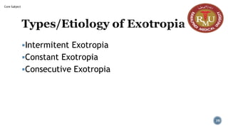 Types/Etiology of Exotropia
▪Intermitent Exotropia
▪Constant Exotropia
▪Consecutive Exotropia
39
Core Subject
 