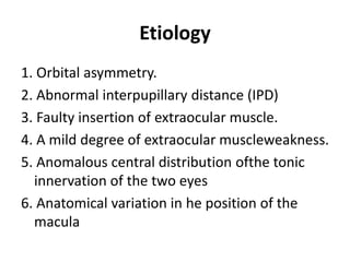 Etiology
1. Orbital asymmetry.
2. Abnormal interpupillary distance (IPD)
3. Faulty insertion of extraocular muscle.
4. A mild degree of extraocular muscleweakness.
5. Anomalous central distribution ofthe tonic
innervation of the two eyes
6. Anatomical variation in he position of the
macula
 