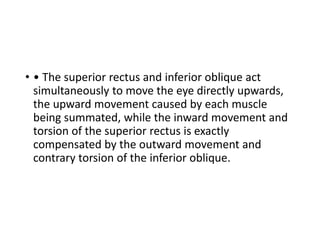 • • The superior rectus and inferior oblique act
simultaneously to move the eye directly upwards,
the upward movement caused by each muscle
being summated, while the inward movement and
torsion of the superior rectus is exactly
compensated by the outward movement and
contrary torsion of the inferior oblique.
 