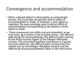Convergence and accommodation
• When a distant object is observed by an emmetropic
person, the visual axes are parallel and no effort of
accommodation is made. If, however, a near object is
regarded, the eyes converge upon it and an effort of
accommodation corresponding to the distance of the
object is made.
• These movements are reflex and are controlled, as we
have seen, by a centre in the occipital cortex , the afferent
path being the visual pathways, the efferent path running
to the Perlia nucleus region of the Edinger–Westphal
nucleus. The associated pupillary contraction is a purely
low-level reflex arc, the afferent path running from the
medial recti to the Edinger–Westphal nucleus and the
efferent by the parasympathetic fibres in the third nerve
 