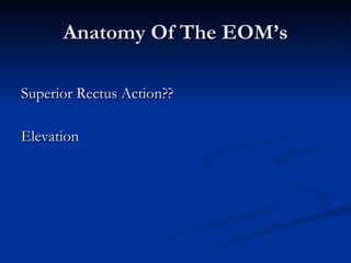 Anatomy Of The EOM’s Superior Rectus Action?? Elevation 