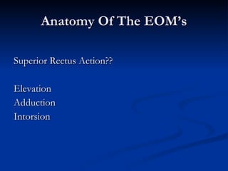 Anatomy Of The EOM’s Superior Rectus Action?? Elevation Adduction Intorsion 