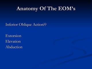 Anatomy Of The EOM’s Inferior Oblique Action?? Extorsion Elevation Abduction 