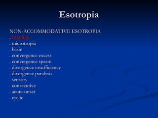 Esotropia NON-ACCOMMODATIVE ESOTROPIA .  Infantile . microtropia . basic . convergence excess . convergence spasm . divergence insufficiency . divergence paralysis . sensory . consecutive . acute-onset . cyclic 