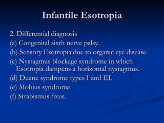 Infantile Esotropia 2. Differential diagnosis (a) Congenital sixth nerve palsy. (b) Sensory Esotropia due to organic eye disease. (c) Nystagmus blockage syndrome in which Esotropia dampens a horizontal nystagmus. (d) Duane syndrome types I and III. (e) Mobius syndrome. (f) Strabismus fixus. 