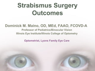Strabismus Surgery
Outcomes
Dominick M. Maino, OD, MEd, FAAO, FCOVD-A
Professor of Pediatrics/Binocular Vision
Illinois Eye Institute/Illinois College of Optometry
Optometrist, Lyons Family Eye Care

 