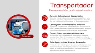 Determine a lucratividade mínima dos contratos de frete e tenha
garantia que os fretes estejam dentro dos parâmetros desejados,
seja com frota própria, subcontratada ou motorista autônomo.
Aumento da lucratividade das operações
Acompanhe a produtividade individual de cada motorista, assim
como a geral e identifique quais estão com rendimento abaixo do
esperado, possibilitando o aumento de suas produtividades.
Otimização da produtividade dos motoristas
Tenha acesso à funcionalidades que automatizam processos
administrativos chave da empresa, como cálculo de créditos de
impostos de notas recebidas, e outras, como recebimento de NF-es.
Otimização das operações administrativas
Evite custos com manutenções imprevistas na estrada, sabendo o
momento exato das manutenções preventivas, acompanhe as
médias de combustível realizadas pelos veículos e saiba quais
veículos manter e quais e quando trocar.
Redução dos custos e despesas dos veículos
Frota e motoristas produtivos e lucrativos
Transportador
 