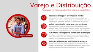 Acompanhe o previsto x realizado das vendas e expedição dos
produtos, assim como a entrega dos produtos em tempo real e com
comprovação, garantindo agilidade e confiabilidade do processo.
Rapidez na entrega de produtos aos clientes
Possibilite ao seu cliente acompanhar o estágio da entrega dos
produtos, assim como consultar históricos, avaliar as entregas e se
comunicar de forma prática com sua empresa gerando históricos.
Melhor comunicação e interação com os clientes
Identifique a satisfação dos seus clientes com as suas entregas e
tenha informações para criar estratégias e planos de fidelização e
aumento do ticket médio de seus clientes.
Aumento da satisfação dos clientes com as entregas
Permita que seu cliente confirme o horário de agendamento da
entrega e evite retornos para entrega desnecessários, assim como
devolução de mercadorias e outrosincidentes na entrega.
Redução de devoluções e incidentes de entregas
Entregas no prazo e clientes sempre satisfeitos
Varejo e Distribuição
 