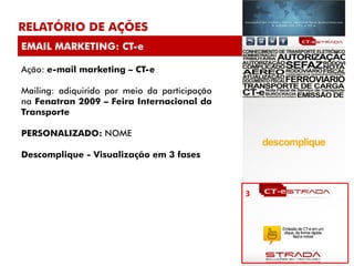 RELATÓRIO DE AÇÕES
EMAIL MARKETING: CT-e

Ação: e-mail marketing – CT-e

Mailing: adiquirido por meio da participação
na Fenatran 2009 – Feira Internacional do
Transporte

PERSONALIZADO: NOME

Descomplique - Visualização em 3 fases



                                               3
 