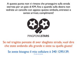 A questo punto non vi rimane che proseguire sulla strada
   sterrata per un paio di KM, ﬁno a quando sulla destra non
  vedrete un cancello con appeso questo simbolo, entrateci e
                  sarete arrivati, complimenti!




Se nel tragitto pensate di aver sbagliato strada, vuol dire
 che state andando alla grande e siete su quella giusta!
    Se avete bisogno il mio cellulare è 340 1295139.
                          Di solito non prende.
 