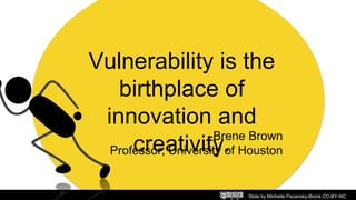 Vulnerability is the
birthplace of
innovation and
creativity.
Slide by Michelle Pacansky-Brock CC-BY-NC
-Brene Brown
Professor, University of Houston
 
