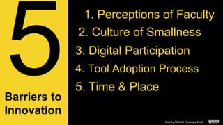 Slide by Michelle Pacansky-BrockSlide by Michelle Pacansky-Brock
2. Culture of Smallness
Barriers to
Innovation
1. Perceptions of Faculty
3. Digital Participation
5. Time & Place
4. Tool Adoption Process
 