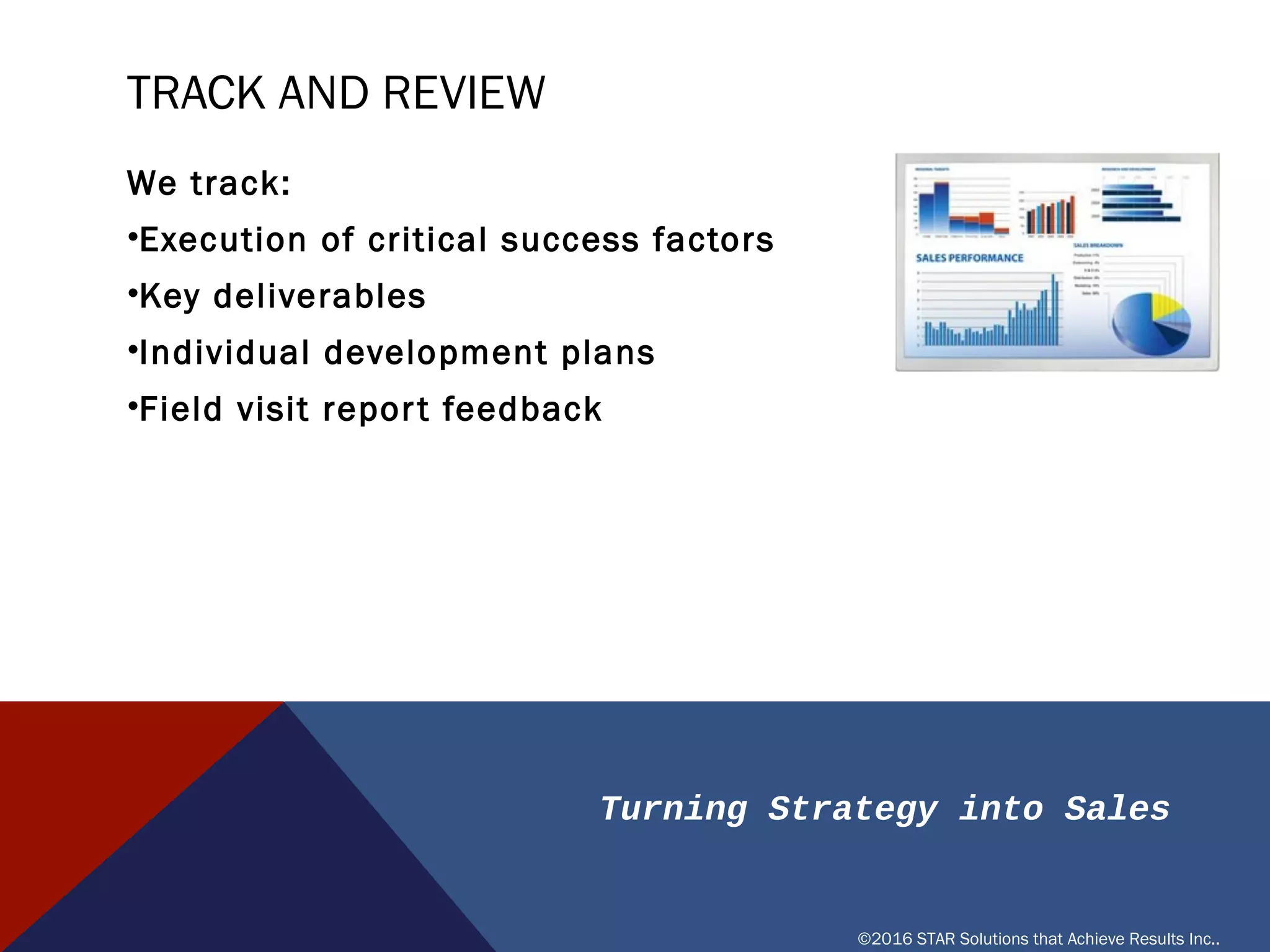 Turning Strategy into Sales
©2016 STAR Solutions that Achieve Results Inc..
TRACK AND REVIEW
We track:
• Execution of critical success factors
• Key deliverables
• Individual development plans
• Field visit report feedback
 