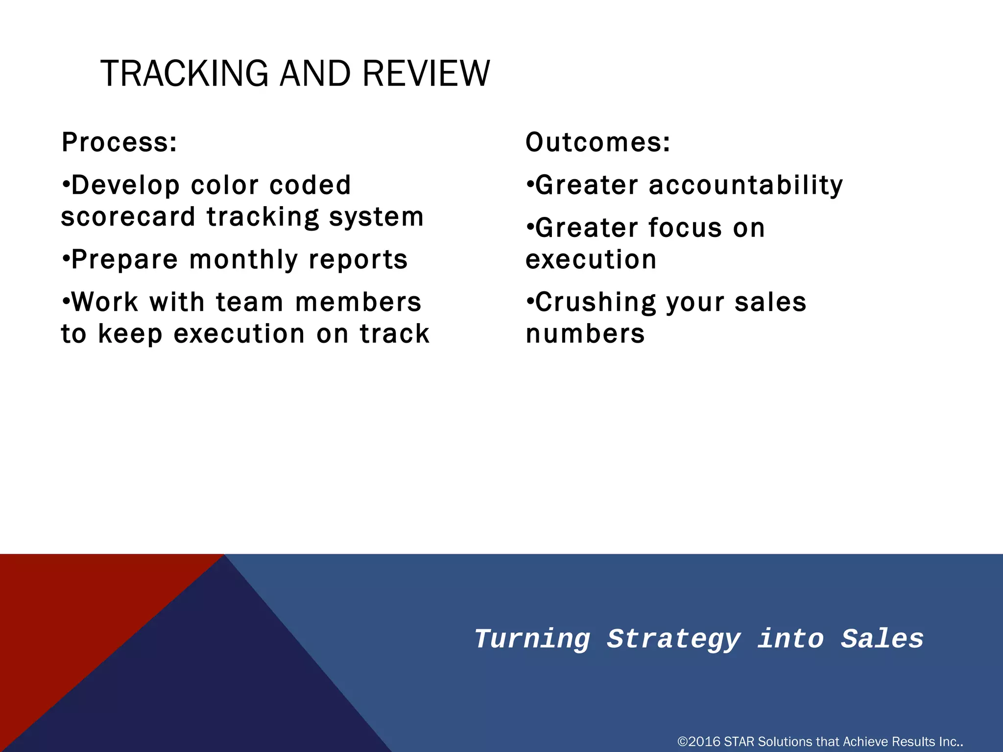 Turning Strategy into Sales
©2016 STAR Solutions that Achieve Results Inc..
Process:
• Develop color coded scorecard
tracking system
• Prepare monthly reports
• Work with team members to
keep execution on track
Outcomes:
• Greater accountability
• Greater focus on
execution
• Crushing your sales
numbers
TRACKING AND REVIEW
 