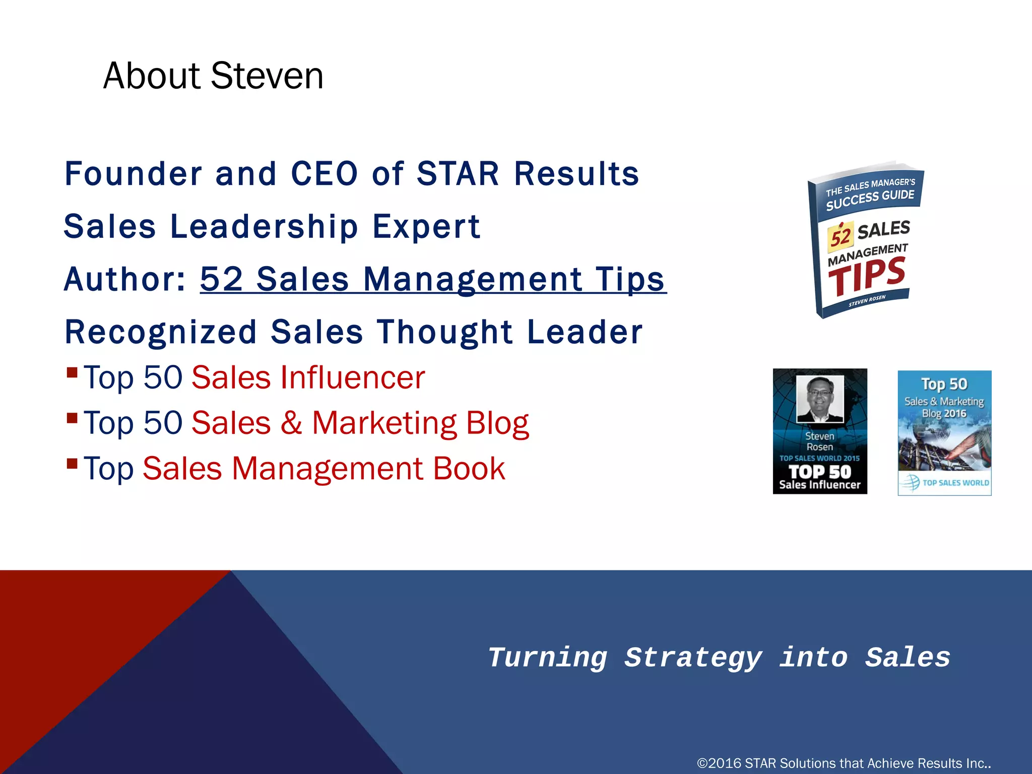 Turning Strategy into Sales
©2016 STAR Solutions that Achieve Results Inc..
Founder and CEO of STAR Results
Sales Leadership Expert
Author: 52 Sales Management Tips
Recognized Sales Thought Leader
§Top 50 Sales Influencer
§Top 50 Sales & Marketing Blog
§Top Sales Management Book
ABOUT STEVEN
 