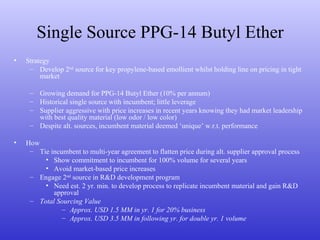 Single Source PPG-14 Butyl Ether Strategy Develop 2 nd  source for key propylene-based emollient whilst holding line on pricing in tight market Growing demand for PPG-14 Butyl Ether (10% per annum) Historical single source with incumbent; little leverage Supplier aggressive with price increases in recent years knowing they had market leadership with best quality material (low odor / low color) Despite alt. sources, incumbent material deemed ‘unique’ w.r.t. performance How Tie incumbent to multi-year agreement to flatten price during alt. supplier approval process Show commitment to incumbent for 100% volume for several years Avoid market-based price increases Engage 2 nd  source in R&D development program Need est. 2 yr. min. to develop process to replicate incumbent material and gain R&D approval Total Sourcing Value Approx. USD 1.5 MM in yr. 1 for 20% business Approx. USD 3.5 MM in following yr. for double yr. 1 volume 