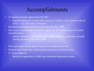 Accomplishments 2 nd  supplier formally approved in Q4’2007 Supplier ultimately develop robust process to produce clean material (odor & color) – 3 yr. from start of program ! Incumbent agreement with flat pricing runs thru Dec. 2008 New source implemented as minority supplier for 10% share as price 3% below incumbent price Allows customer to test supply chain in 2008 with min., risk before formally opening up material for bid in 2009 Price and supply during approval process was stable and secure Program took longer than expected given unforeseen technical issues 2 nd  source approval Maximize opportunity in 2009 once incumbent agreement expires 